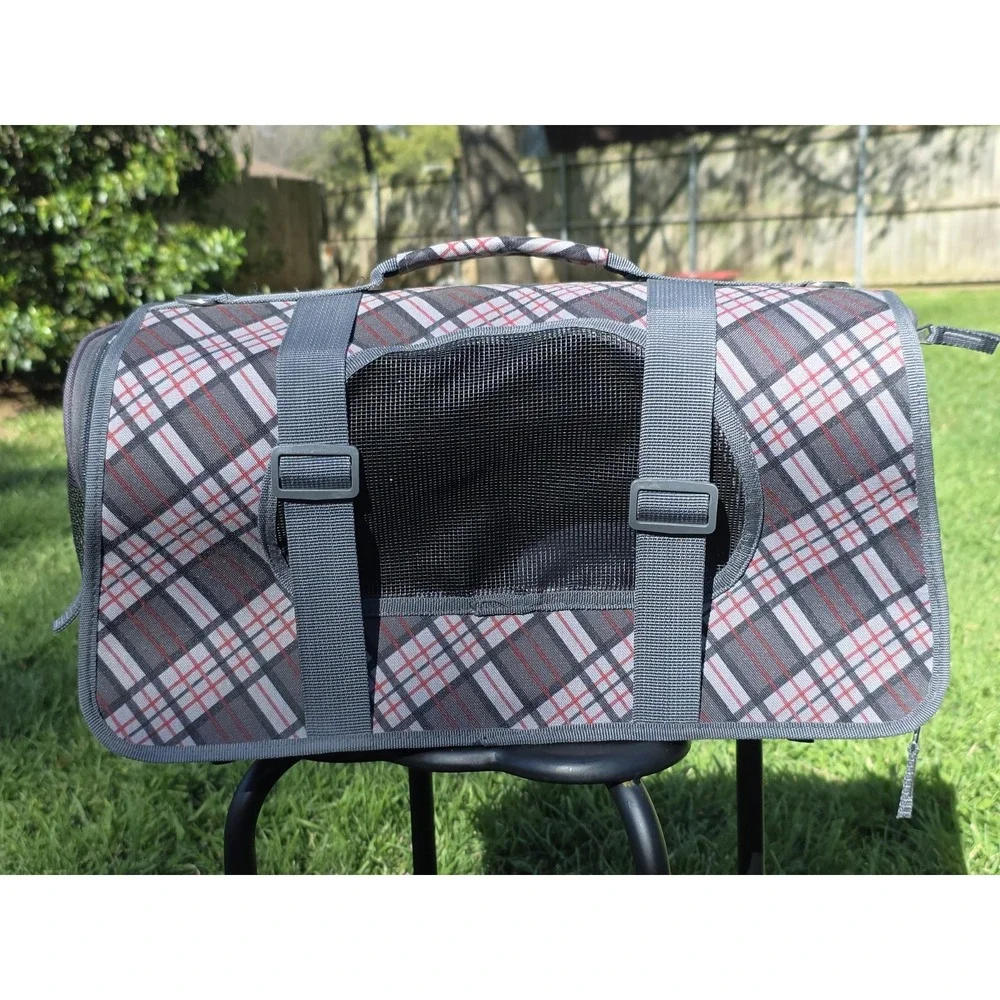 Plaid Soft Sided Pet Carrier Bag Grey Red Small Dog Cat Travel Tote Mesh Pockets